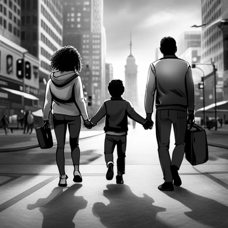 a drawing of a family of 3 walking on an urban street