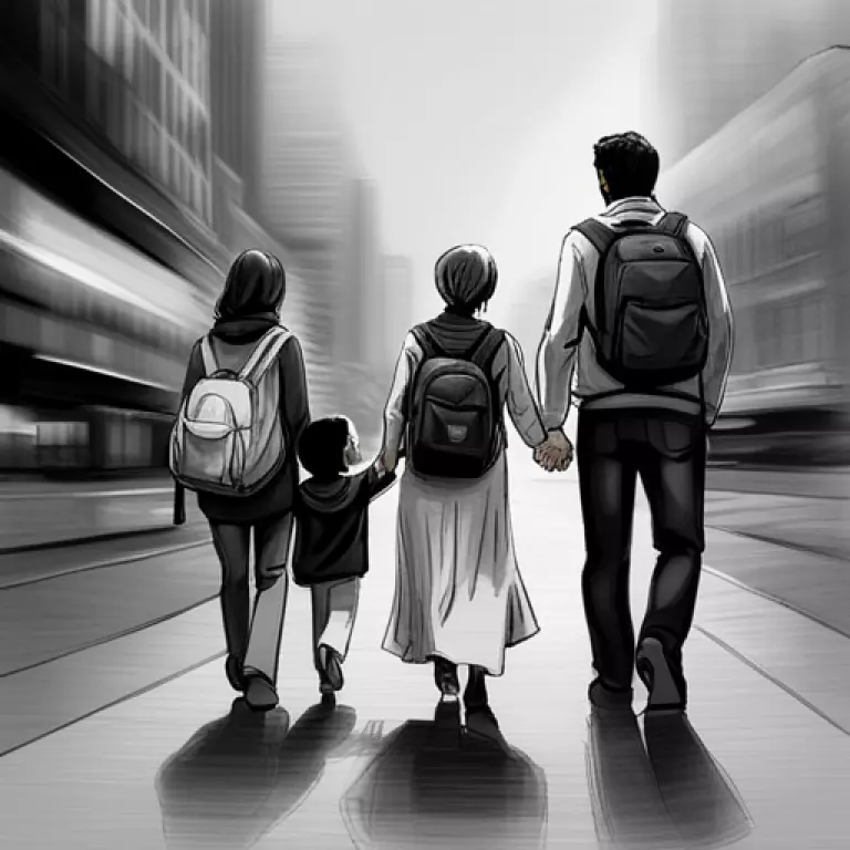 a drawign of a refugee family walking in an urban street