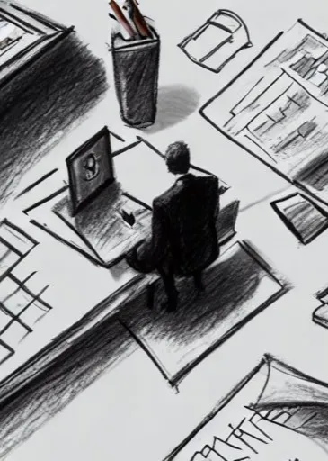 a drawign of a business man sitting by a desk