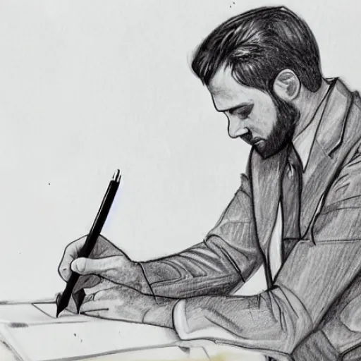 a drawign of a business man sitting by a desk